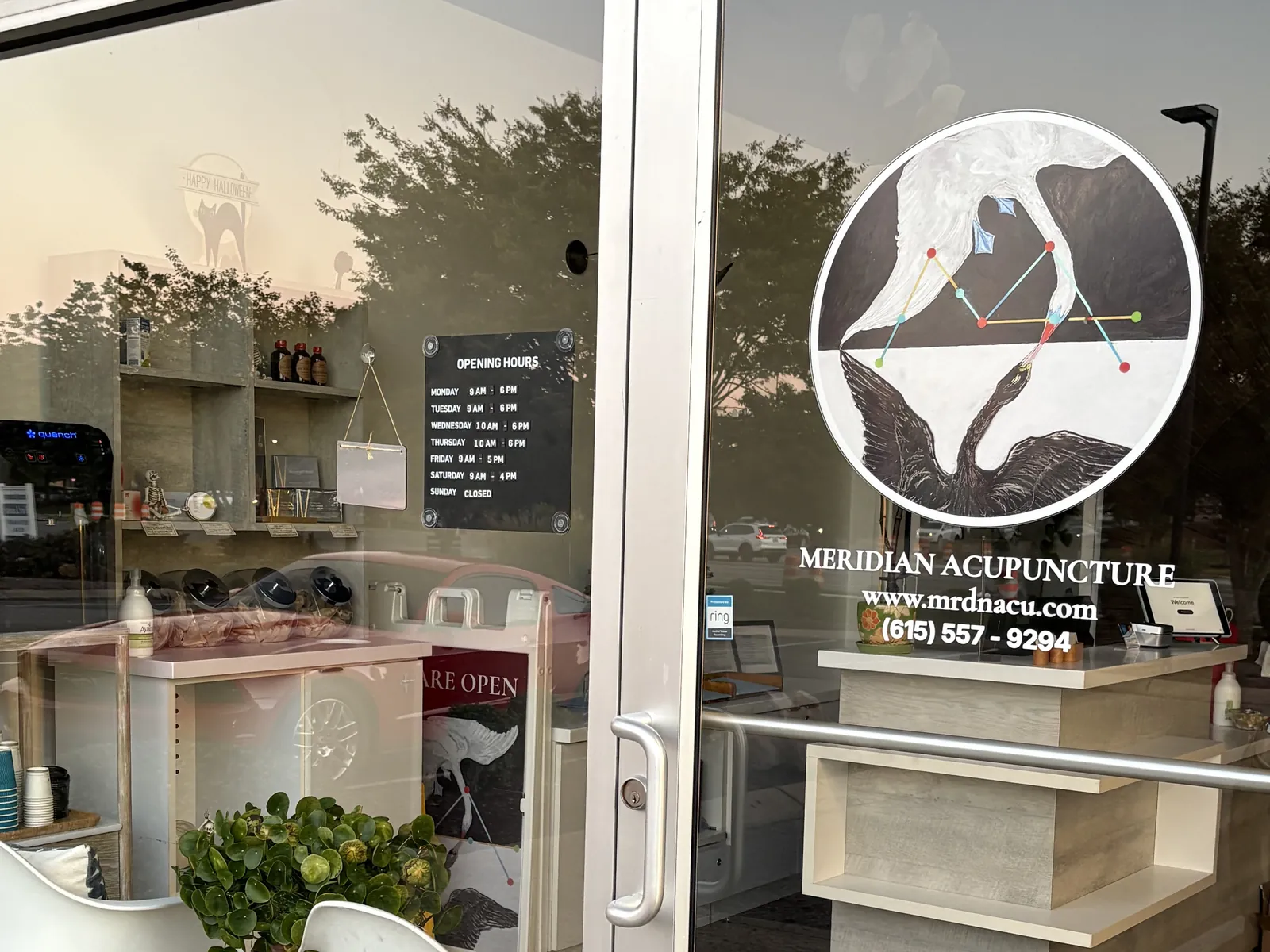 The glass front door of the Murfreesboro clinic on North Thompson Lane, with the Meridian Acupuncture logo and the reception area inside